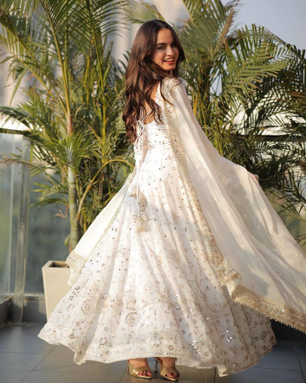 Pristine Ivory Mirror-Work Anarkali